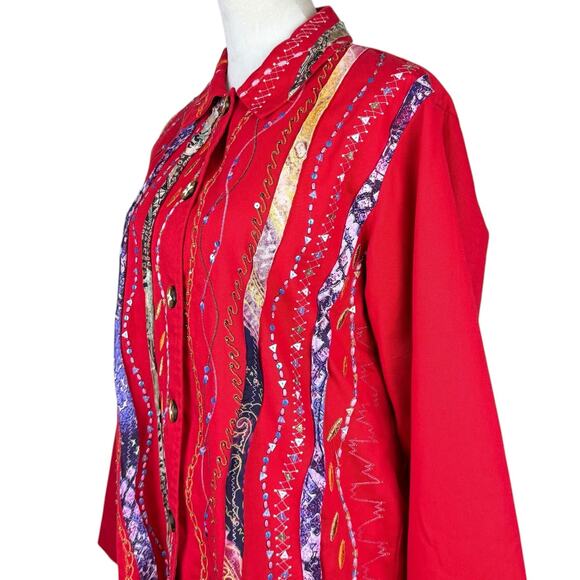 Coldwater Creek Red Woven Embroidered Embellished Art to Wear Button Jacket - Picture 5 of 11